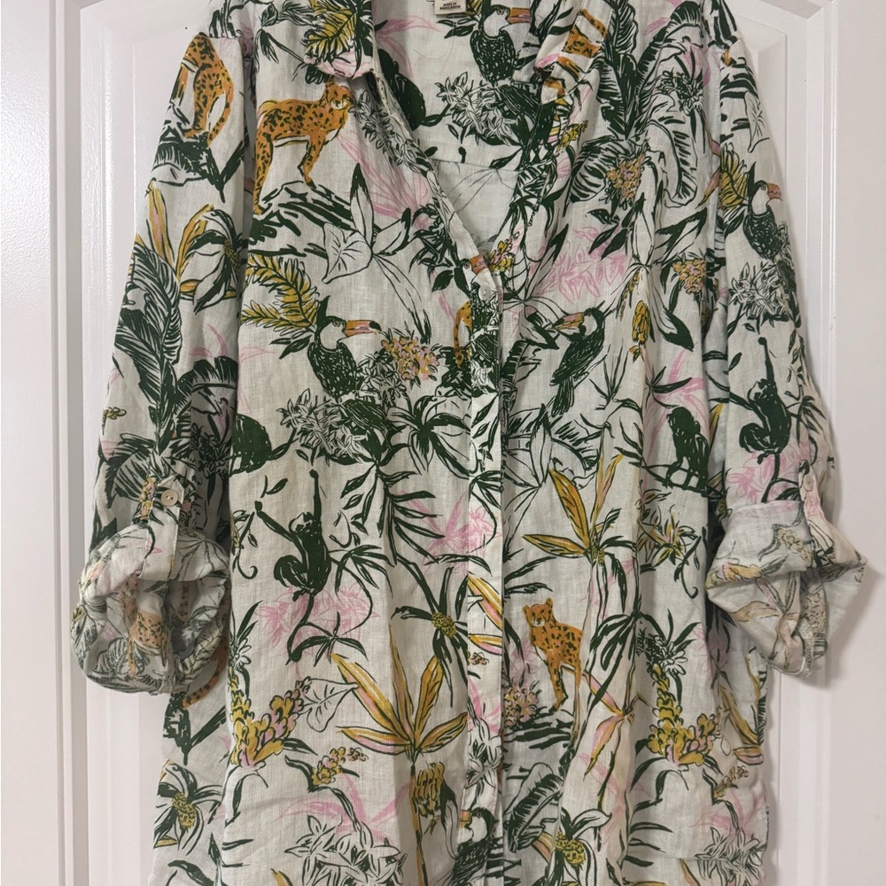 Rachel Zoe Cream Tropical Linen Shirt with Green, Yellow, Pink Print